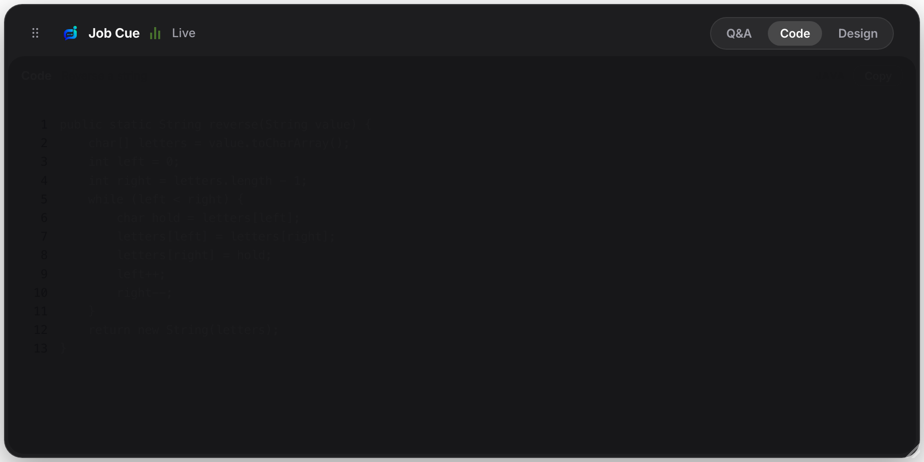 Job Cue desktop window in Code mode with a Java solution